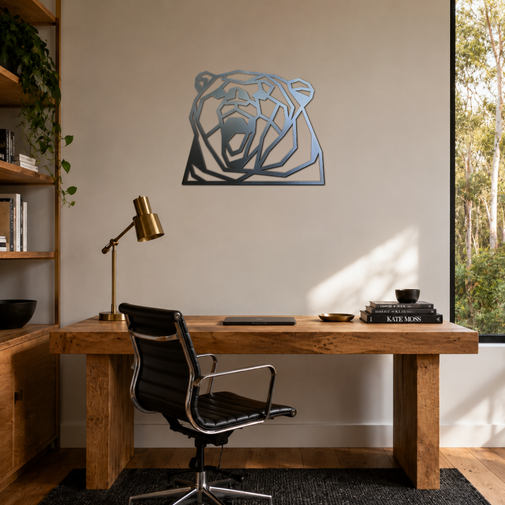 Premium Metal Wall Art - Geometric Roaring Bear Face