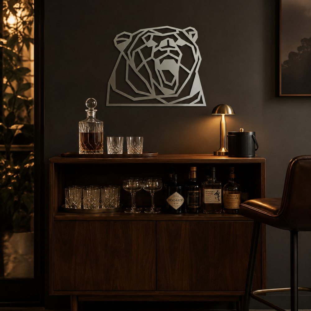 Premium Metal Wall Art - Geometric Roaring Bear Face