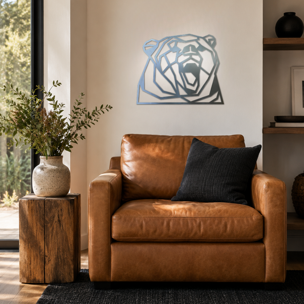 Premium Metal Wall Art - Geometric Roaring Bear Face